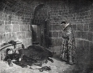 A vingança do papa Urbano VI (1318-1389) - o papa Urbano VI tortura e faz desaparecer os seus próprios cardeais - gravura de Laurens