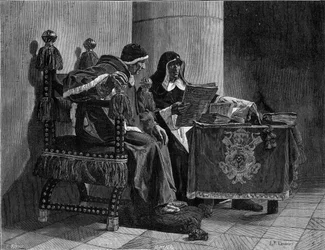 O Papa e o Inquisidor dizem também "Sixte IV (1471-1484) e Tomas de Torquemada (1420-1498)" gravada após a pintura de João Paulo Laurens (1838-1921)