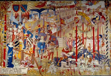 Cena de torneio no final do século XIV. Tapeçaria dos Gobelins destinada a decorar a sala pública dos Archives Nationales em Paris, segundo um cartão pintado pelo artista Jean-Paul Laurens (1838-1921).
