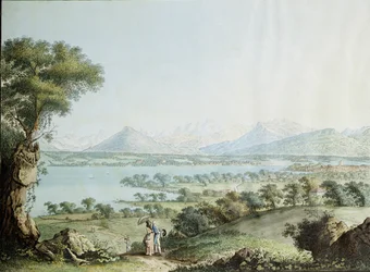 Vista do Mont Blanc com Genebra em primeiro plano, gravada por Jean Philippe Linck II (1770-1812) e Jacob Philippe Hackert (1737-1807)