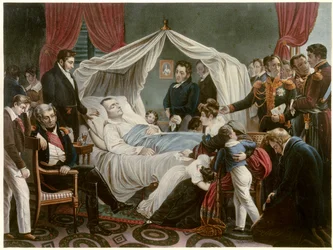 La Mort de Napoleon, 5/05/1821 a Sainte Helene Litografia de Jean Pierre Marie Jazet (1788-1871) após a pintura de Charles Auguste Steuben (1788-1856) Malmaison. Museu Chateau