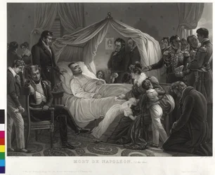 Cercado pelo cavaleiro Napoleão I no leito de morte (aquatint)