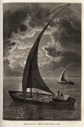 Les barques du haut Nile, tripulação reduzida e passageiros dormindo no convés, ao luar, gravado após o desenho de J.Moynet, ilustrando a viagem ao coração da África em 1868-1871, pelo Dr. Georges Schweinfurth, publicado em "Le tour du monde" 1874, edi