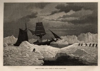 O transporte do navio alemão La Hansa, pela sua tripulação, para atravessar uma barreira de gelo em águas navegáveis, gravado após o desenho de J.Moynet, ilustrando a viagem dos navios La Germania e La Hansa ao Pólo Norte em 1869-1870, pelo Capitão Hegeman