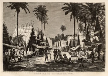 A marcha de Dobbo, na ilha de Arou, um centro portuário, animada por muitos comerciantes e construtores navais, gravada após o desenho de J.Moynet, ilustrando a viagem ao arquipélago da Malásia em 1854-1862, de Alfred Russell Wallace (1823-1913), um britân