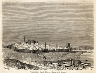 Vista de Baku (Rússia, Azerbaijão), desenho do Sr. Moynet, para ilustrar a viagem à costa do Mar Cáspio, em outubro de 1858, pelo Sr. Moynet. Gravura em "Le tour du monde, nouveau journal des voyages" Paris