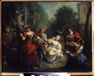 Os cinco sentidos: ""Le gout"" (O sabor) jovens da aristocracia saboreando frutas. Pintura de Jean Raoux (1677-1734) 1725-1735 Museu Pushkin, Moscou