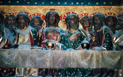Última Ceia, baixo-relevo do coro com Histórias da Vida de Cristo, Por Jean Ravy (falecido em 1345), Catedral de Notre-Dame (Património Mundial da UNESCO