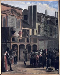 La Parade de Bobèche et Galimafre, pintura de Jean Roller, representando uma multidão que assiste a um espectáculo de rua. Pintura a óleo do século XIX.