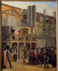 Teatro de Rua: "O desfile de Bobeche e Galimafre no Boulevard du Temple em frente ao Theatre des delassements comiques" Pintura de Jean Roller (1798-1866) 1820 Sun. 1,01x0,83 m Paris, Musee Carnavalet