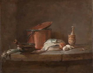 Utensílios de cozinha com alho-poró, peixe e ovos