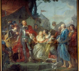 O cerco de Calais em 1347 foi a devoção de Eustáquio de São Pedro, o mais conhecido dos seis burgueses de Calais, que foram ao rei da Inglaterra Eduardo III, para implorar a graça dos habitantes de Calais (agosto de 1347). Pintura de Jean Simon