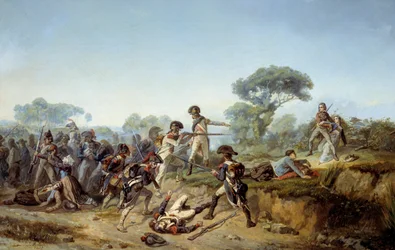 Guerra de vingança do cavaleiro Charles de bois-hardy (madeira hardy, boishardy) querendo salvar sua amante (1795). Pintura de Jean Soreuil (1824-1871)