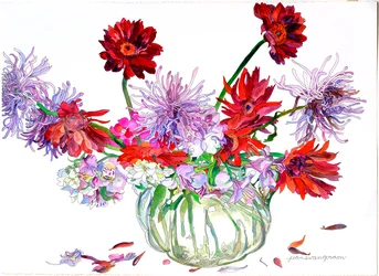 Margaridas, estrela de Belém, crisântemos-aranha, jarro Heisey, 2000 (aguarela e tinta sobre papel)