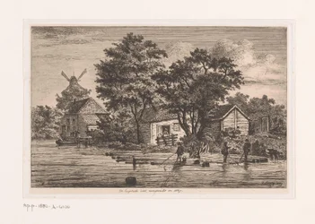 Vista do colete inglês em Antuérpia em que os troncos das árvores são coletados, edifícios e um moinho ao fundo O colete inglês concluído em 1867 (título no objeto)