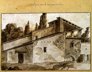 Fábrica na zona rural à volta de Roma (caneta e tinta com lavagem sépia sobre papel)