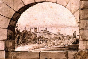 Vista da Cidade e Lago de Bracciano, c.1810 (caneta e tinta sépia com lavagem sépia sobre papel)
