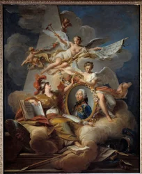 Retrato alegórico de Louis Charles Auguste Fouquet, Duque de Belle Isle, marechal da França (1684-1761). Pintura em um quadro. Pintura de Jean Valade (1709-1787) 1758 Sol. 1x0,8 m