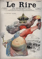 A nova sala - Marianne com o rosto coberto por um boné frígio - Marianne vestida com um vestido em duas partes: uma vermelha e a outra decorada com fleur-de-lis - (O desenho animado refere-se à divisão política entre republicanos e monarquistas) - drawi