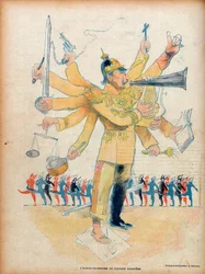 Guilherme II (1859-1941) (Kaiser Guilherme II, imperador alemão e rei da Prússia) - o homem-orquestra do concerto europeu - caricatura em «Le Rire» de 26 de novembro de 1898 - caricatura de Jean Veber (1864-1928) - número dedicado a Guilherme II