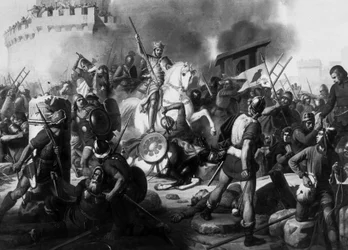 Conde Eudes (Odon) (860 - 898) defende Paris contra os normandos em 886, pintura de Jean Victor Schnetz (1787-1870)