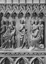 Catedral, interior, tela de coro, Jesus Cristo, aparecendo aos apóstolos e discípulos na Galiléia, c.1340-51 (pedra policromada)