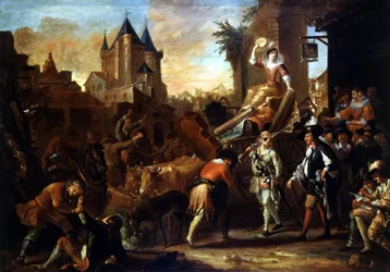 Arrivee des comediens au Mans Painting ilustrando "The Comic Roman" de Paul Scarron (1610-1660). Pintura de Jean-Baptiste (Jean Baptiste) Coulom (ou Coulon) (ca. 1695-1735)