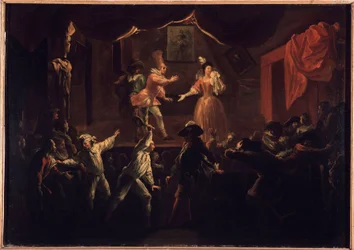 Sucessos deploráveis desta peça. Um dos jogadores de palma cuja roupa tinha sido derobe, dá uma grande raquete a La Rapiniere. Pintura ilustrando "The Comic Roman" de Paul Scarron (1610-1660). Óleo Sobre Tela de Jean-Baptiste (Jean Baptiste) Coulom (ou Co