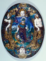 Bandeja de esmalte pintada representando Minerve sobre fundo de paisagem criada por Jean Court dit Vigier (século XVI) (pintor enamailleur em LIMOGES) Paris, Museu do Louvre