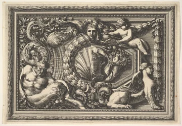 Design para um Painel com duas variantes contendo um Satyr e um Sphynx, de: Pannea..., século XVII.