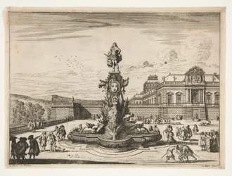 Fonte, com palácio ao fundo direito
