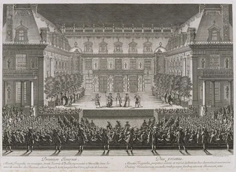 Ópera Alceste de Jean-Baptiste Lully sendo apresentada no pátio de mármore do Palácio de Versail