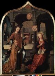 "Representação da Anunciação com o patrono São Guilherme de Bruxelas" Painel central do tryptic da Anunciação. Pintura em madeira por Jean Bellegambe o Ancião (1470-1534) São Petersburgo, Museu Hermitage