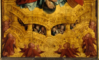 A Trindade, detalhe. Anjos. A parte central do Anchin polyptych. Pintura de Jean Bellegambe (ou Jehan Bellegambe).