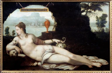 Eva Prima Pandora, representação de uma mulher que reúne as características de Eva e Pandora, que ambas trazem todo o mal à terra. Pintura «Vanite» de Jean Cousin, chamado o Velho (1490-1560), século XVI. Dimensões: 0,97 x 1,5 m.