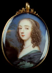 Retrato de Mademoiselle Kirk Pintura miniatura em medalhão de Jean Petitot the Vieux (1607-1691) Século XVII. Sol 0,05x0,04 m.