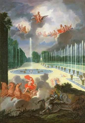 Os bosques de Versalhes. Vista da piscina do dragão e da piscina de Netuno, com Python matando Apollo