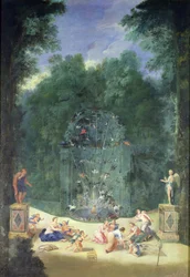 Os bosques de Versalhes: Vista da entrada do labirinto com pássaros, ninfas e querubins, 1688