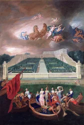 Vista da Orangerie e o Chateau de Versailles com o rapto de Helen, 1688