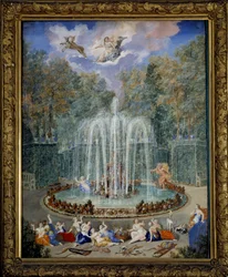 Vista do bosque da estrela ou montanha de água nos jardins de Versalhes com Alphee perseguindo Arethuse e no céu, Diane conduz sua carruagem, Pintura de Jean Cotelle the Jeune (1645-1708) Século XVII, Dim 2,01 x1,37 m - Vista do bosque do