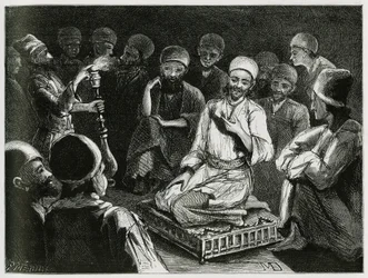 O contador de histórias persa rodeia o seu público. Gravação do autor Viajante, para ilustrar a história "Persia, Chaldee e Susiane".