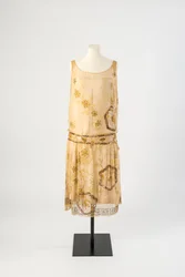 Vestido de noite bordado de chiffon de seda amarelo limão, 1927 (seda)
