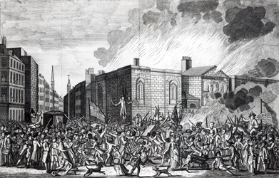 Uma representação exata da queima, pilhagem e destruição de Newgate pelos desordeiros no memorável 7 de junho de 1780, gravado por Henry Roberts, 1781