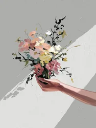 Com flores na mão