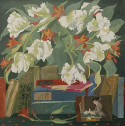 Tulipas, livros e postais (acrílico)