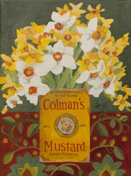 Narcisos brancos e amarelos na lata de mostarda de Colman (acrílico)