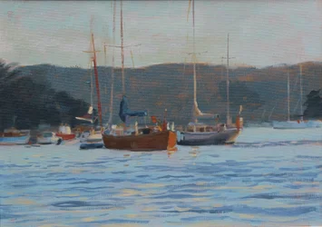 Noite iates Salcombe, óleo a bordo, 2016
