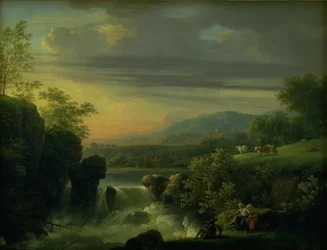 Uma paisagem montanhosa com uma cachoeira. Nascer do sol
