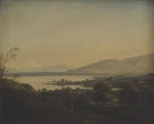 Uma vista do Lago Leman em direção ao Mont Blanc e Genebra