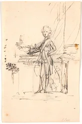 Esboço de composição para retrato de corpo inteiro de Frederik VI como jovem príncipe herdeiro. De pé em uma mesa, de frente para a esquerda